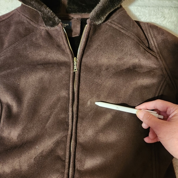 Sonoma Life+Style Womems Sz L Coat Brown Faux Suede & Fur Lined Hooded Pockets - Picture 8 of 12